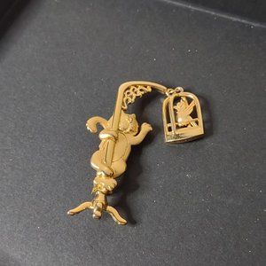 Cute Gold Tone Cat And Bird Cage Brooch